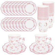 48 Pcs Pink Tea Cups and Plates Pink Bow Party Supplies Bowknot Disposable Te...
