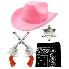 Adults Cowboy Sheriff Accessory Set Pink Hat Plastic Pistols Badge & Bandana