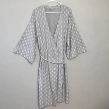 Garnet Hill Women's S Gray White Print Wrap Kimono Robe Organic Cotton Sleepwear