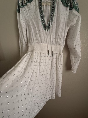 boston proper white green beaded embellished mini dress v-neck smocked tie  xs | eBay
