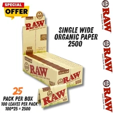 RAW Organic Single Wide Rolling Papers - 25 Pack Full Box - 100 Leaves per Pack