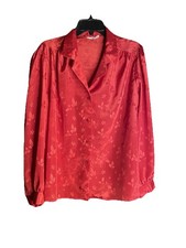 Vtg 70s Shiny Soft Long Sleeve Secretary Blouse Top Thats What Red Asian