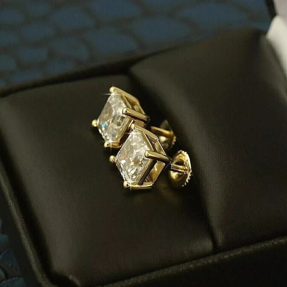 2Ct Asscher Cut Lab Created Diamond Women's Stud Earrings 14k Yellow Gold Plated - Image 3 of 4