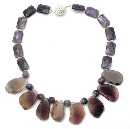 Sliced Amethyst Necklace Purple Quartz Gemstone Beads 18" Long Statement Jewelry - Picture 3 of 8