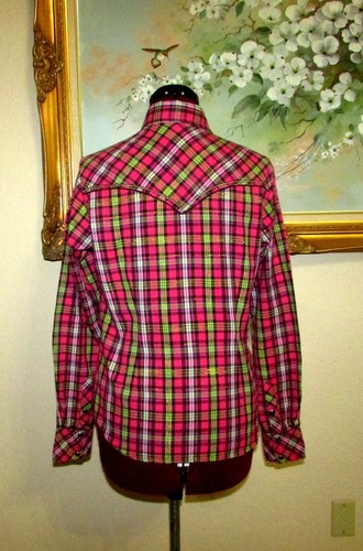 WMS PANHANDLE SLIM SZ M PINK/LIME COTTON/LUREX SNAP FRONT/2 POCKET WESTERN SHIRT - Picture 4 of 11
