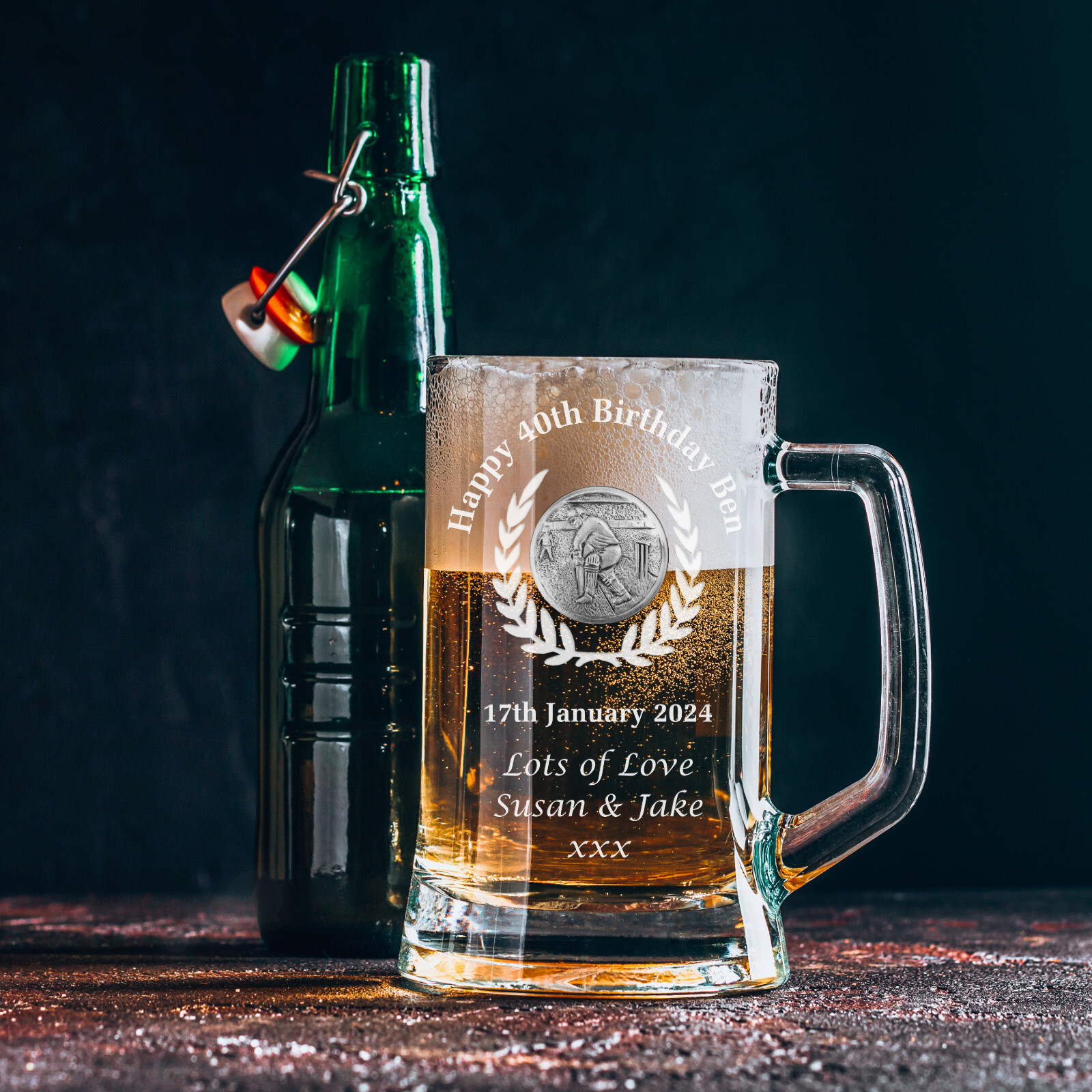Cricketer 40th Birthday Engraved Glass Tankard Cricket Gift Lager Ale Beer Mug