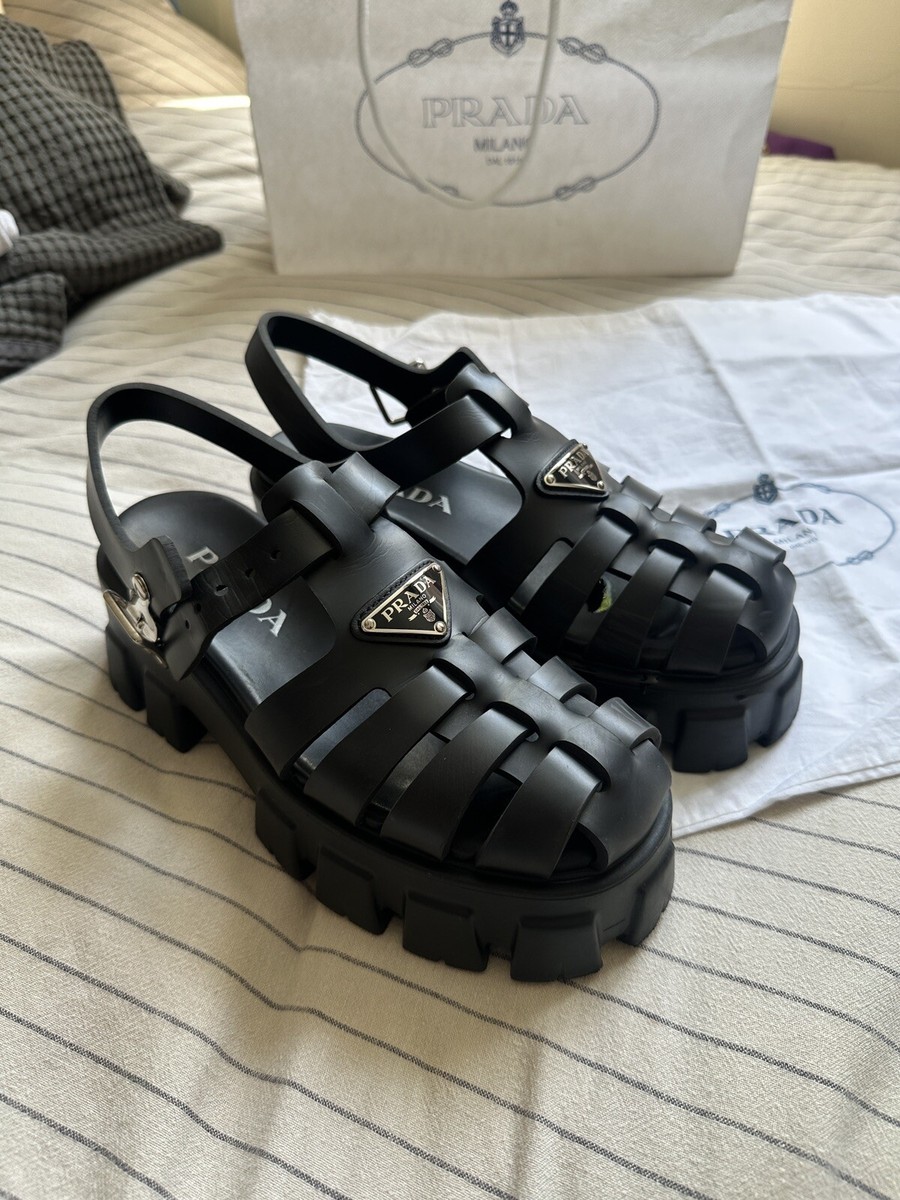 Prada Monolith Black Chunky Caged Rubber Fisherman Sandals Size UK