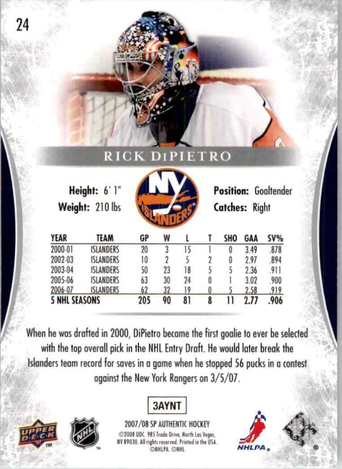 2007-08 Upper Deck SP Authentic Rick DiPietro #24 - Image 2 of 2