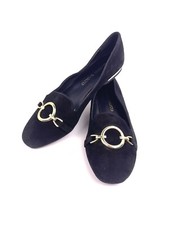 Franco Sarto Gerry Women  s Black Suede Flats Loafers Size 6M Gold Ring Buckle