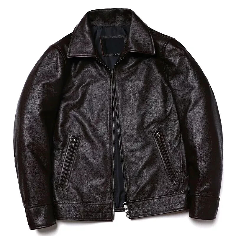 Men's Genuine Lambskin Leather Brown Biker Coat Real Motorcycle Lined Zip Jacket