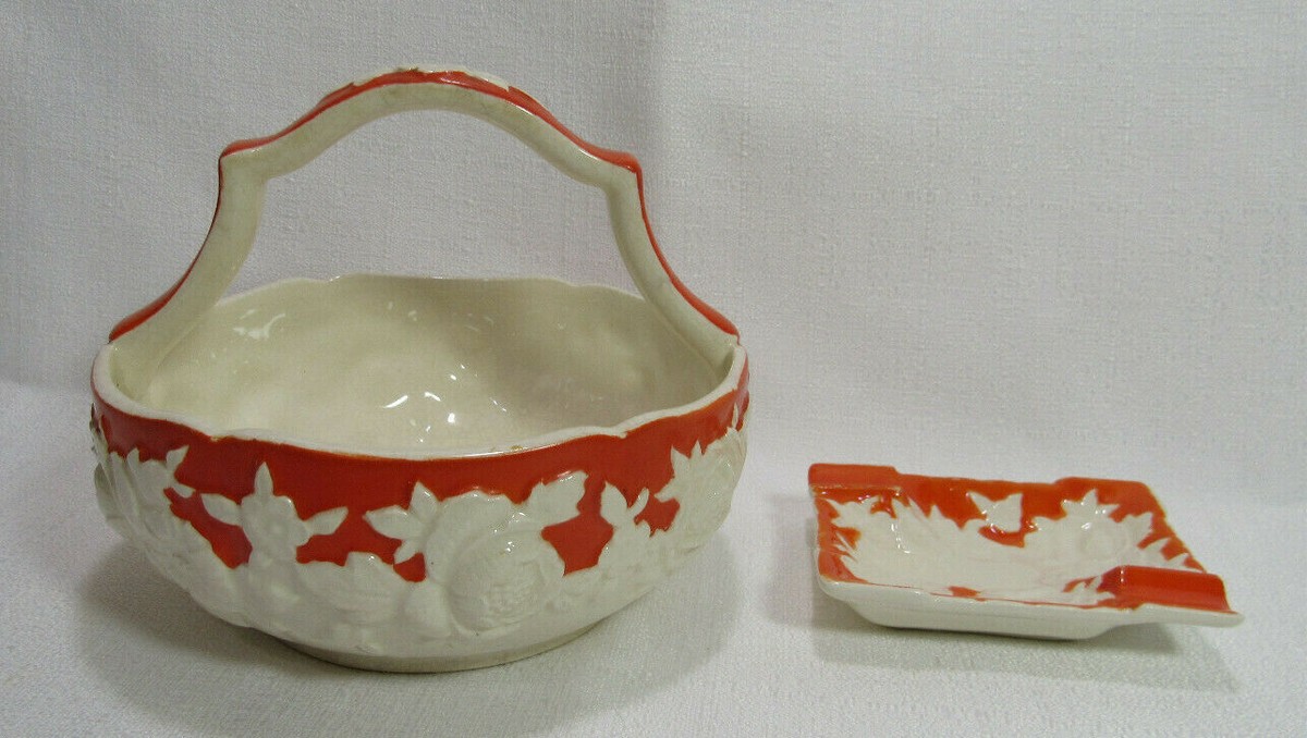 Moriyama Japan RARE Antique Red-Orange White Rose Relief Handled