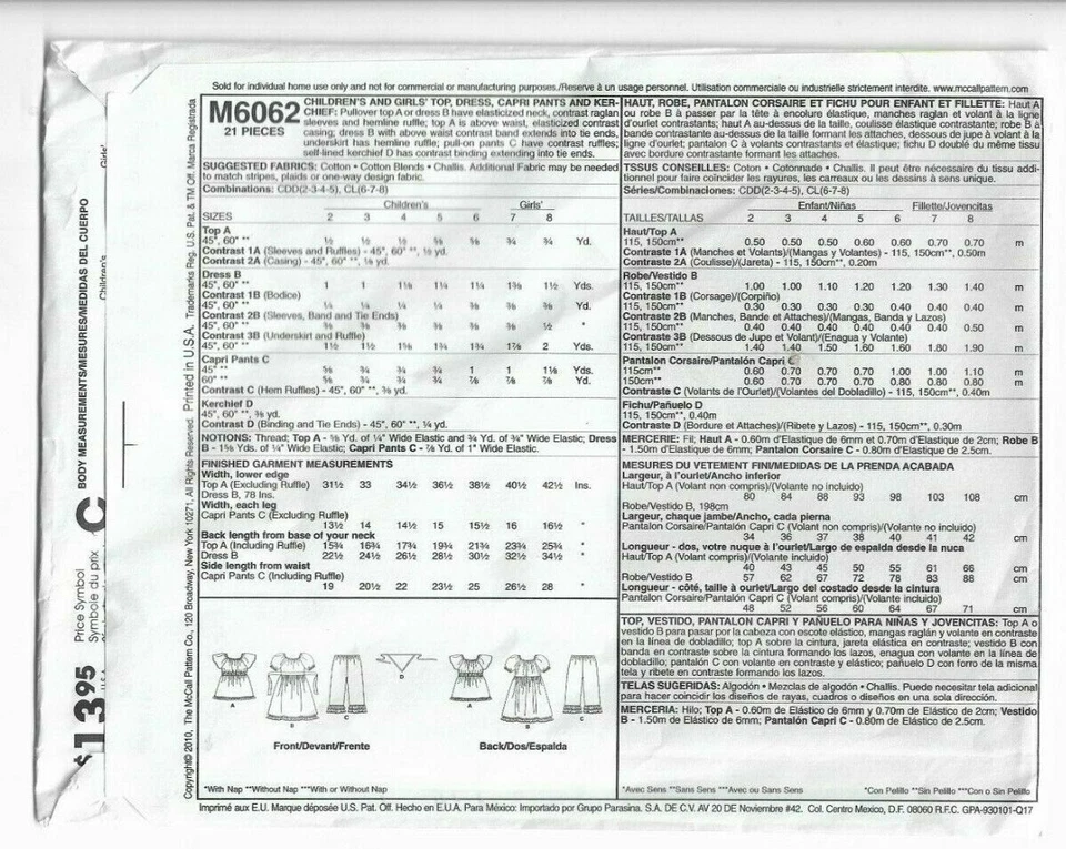 MC CALL'S #6062 TODDLER GIRL'S SIZES 2-3-4-5 TOP DRESS CAPRI PANTS PATTERN UC - Image 2 of 4