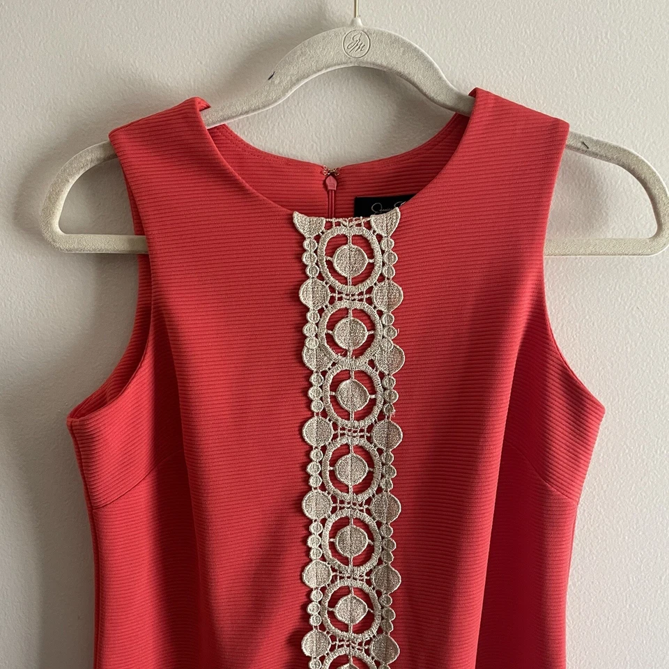 Jessica Simpson Women 4 Coral Gold Crochet Detail Sleeveless Ottoman Shift Dress - image 3 of 4