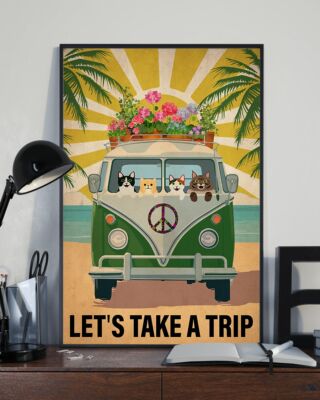 Let's Take a Trip Hippie Van Cats Floral Flower Vintage Poster