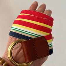 PREPPY VINTAGE 1980s LADIES WOVEN RIBBON BELT Brass O RING RED BLUE STRIPE 36"