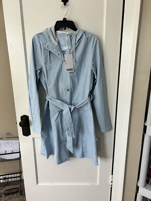 RAINS Curve W Women's Blue Waterproof Belted Rain Jacket Size M NWT Trench Coat