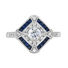 Art Deco Style Old European Cut Lab-Created Diamond  Sapphire Ring 925 Silver