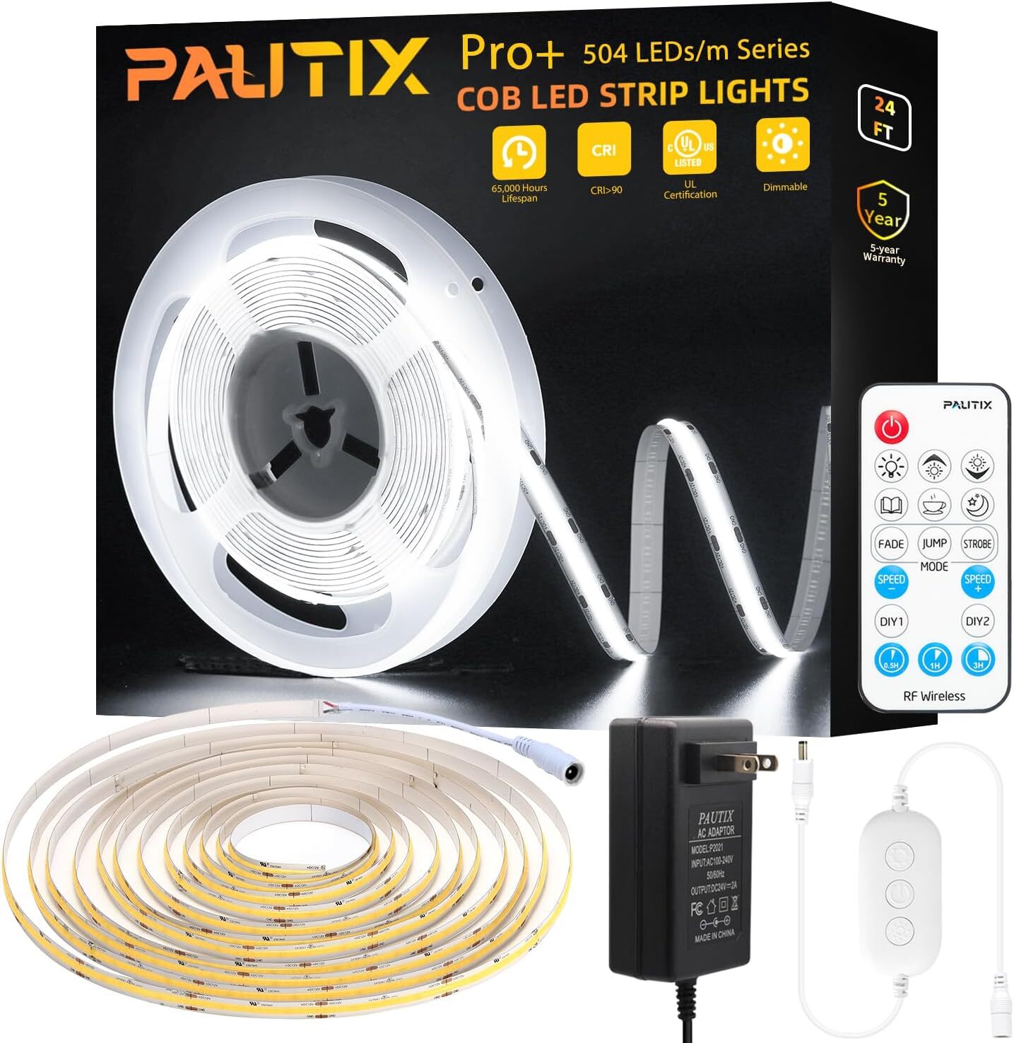 PAUTIX COB LED Strip Light 3780LEDs,Super Bright 24ft/6500K(Upgraded), White