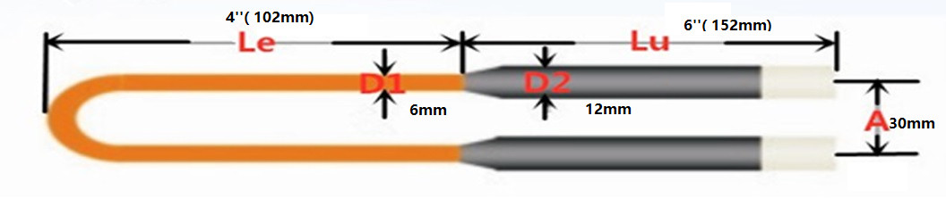MoSi2 Heat Element 1800C 6/12 , Le=4''( 102mm), Lu=6''( 152mm) , A=30mm