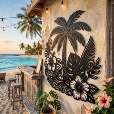 Tropical Palm Tree Metal Wall Art, Hawaiian Beach Decor, Coastal Metal Sign