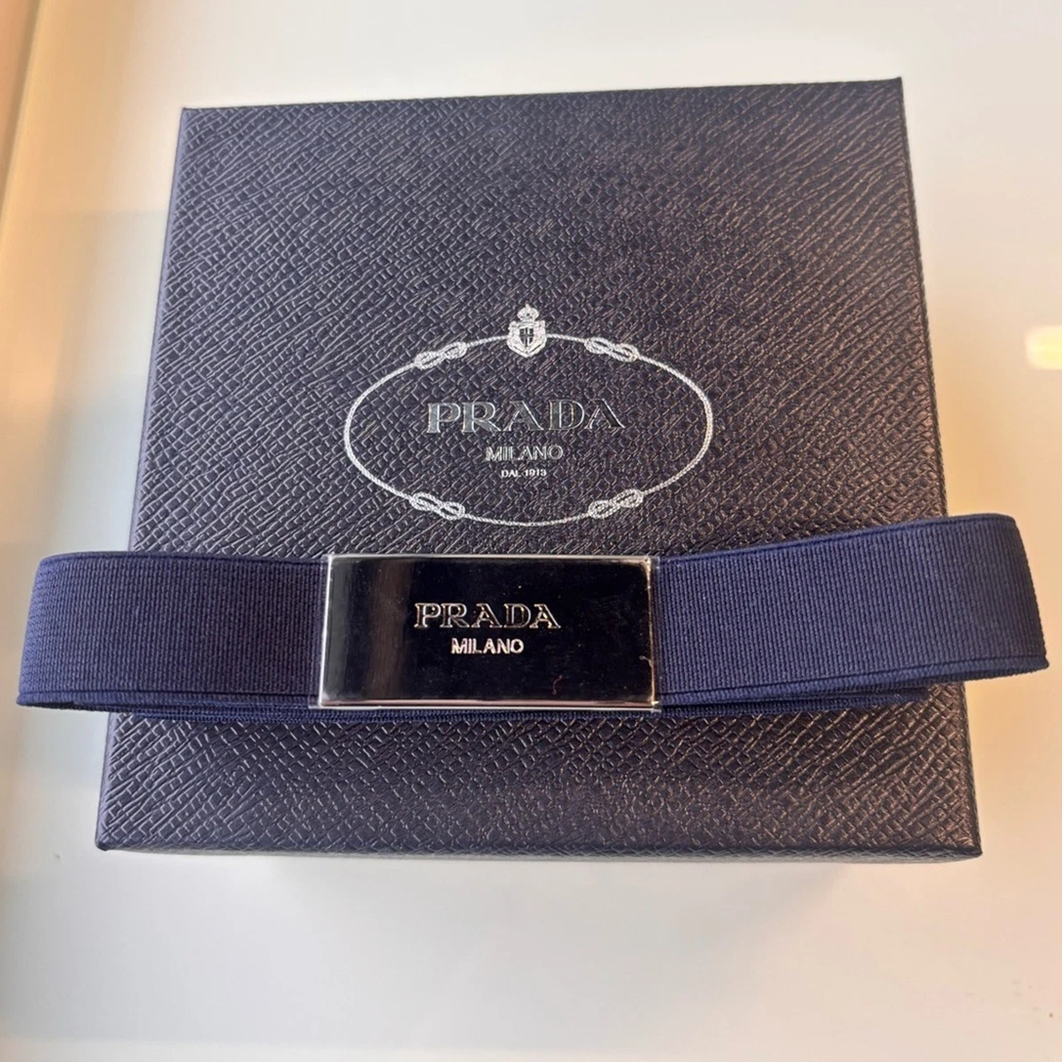 Prada Navy blue with silver logo elastic belt. NEW Parada Navy Blue Elastic Belt 40 inches | eBay main image 3