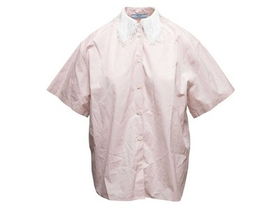 Light Pink & White Prada Short Sleeve Fringe Collar Button-Up Size IT 36
