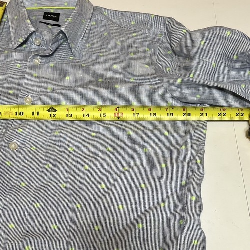 Hugo Boss Shirt Mens 98% Linen Blue Stripe With Neon Green Large Slim Button Up - Picture 6 of 15