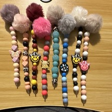 Women s Multicolor Beaded Key Chain w/ Pom Pom Smiley Charm, Beads/Plastic