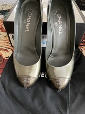 CHANEL Women's Block Heel Pumps, DK Silver W Taupe Cap toes, Size 39