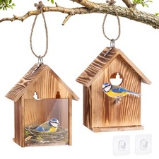 2PCS Window Bird Houses for Outside, Wooden Birdhouses with 2 Powerful Hooks ...