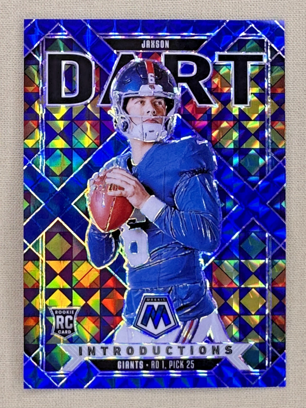 2025 Panini Mosaic Jaxson Dart RC INTRODUCTIONS Blue Mosaic /99 NY Giants #2