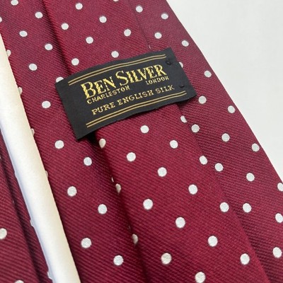 Ben Silver Tie Burgundy Polka Dot Jacquard Pure English Silk Preppy Luxury