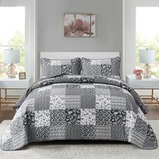 Mybedsoul Black Grey Boho Quilt Set California King Size,3 Pieces Plaid Floral B