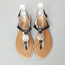 Michael Kors Sondra Thong Sandals 6.5 Black Silver Metallic MK Logo Casual Party