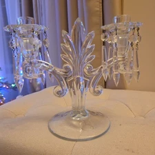 Fostoria Clear 2 Light Candlestick with Bobeches &  Prisms
