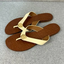Tory Burch Leather Thora Thong Flip Flop Sandals Gold Logo Brown Ivory Size 8 M