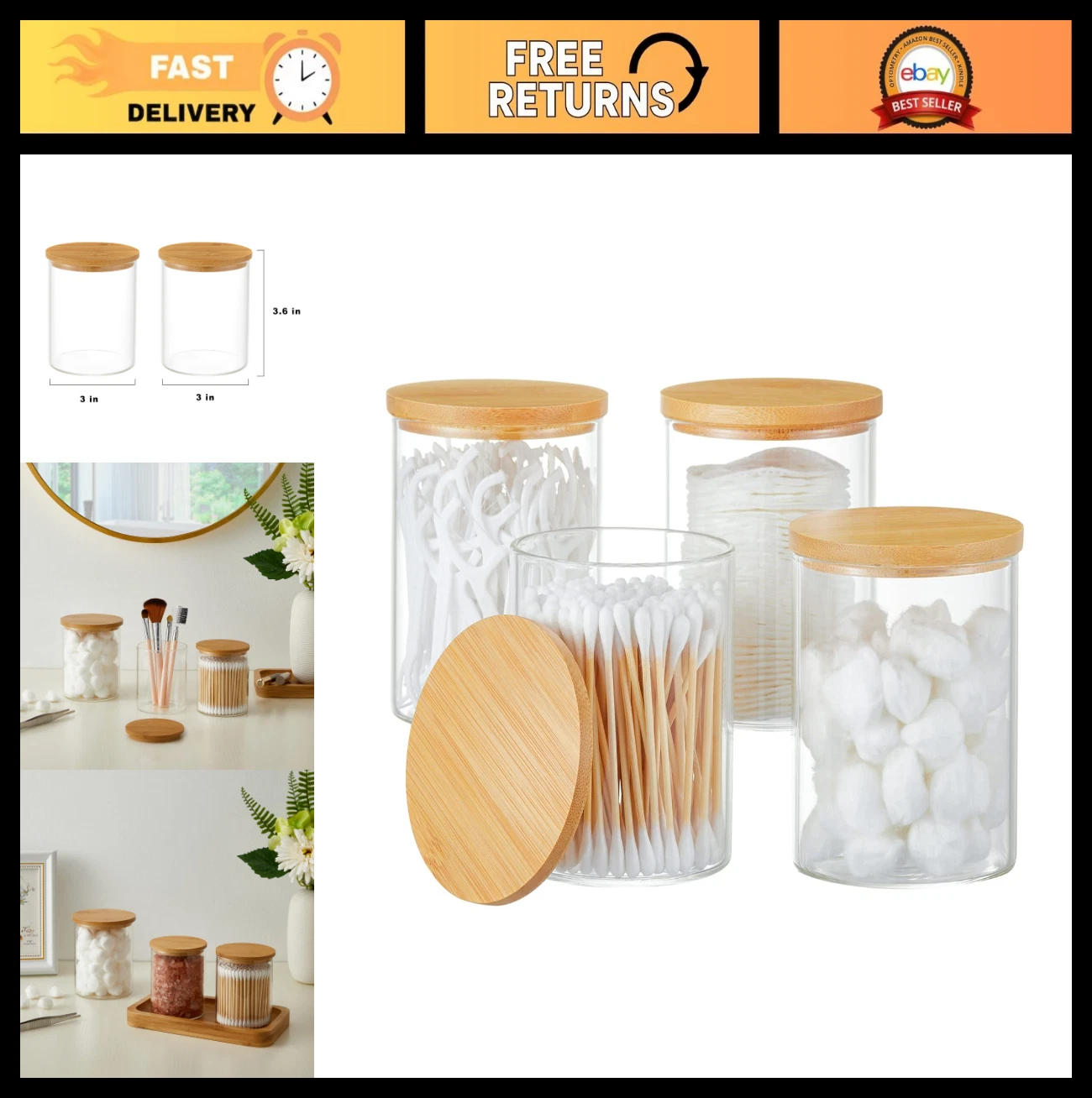 4 Pack Glass Qtip Holder Dispenser - Apothecary Jars with Lids for Cotton Balls