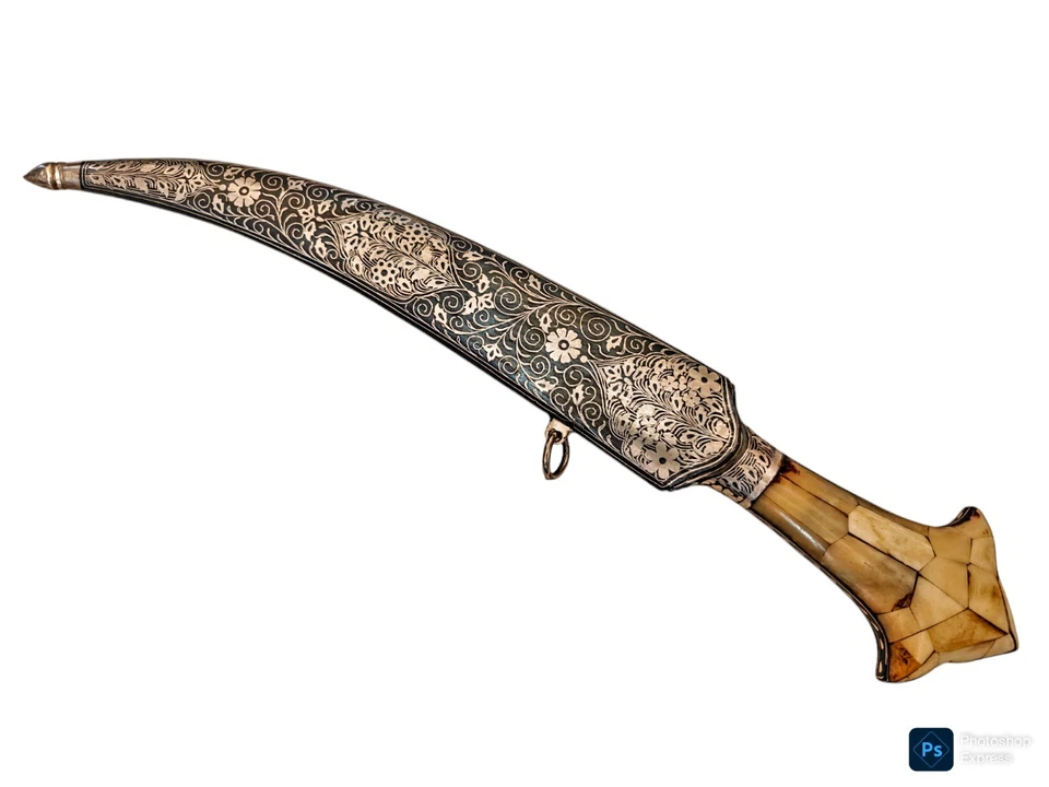 Daga Jambiya árabe indo persa con trabajo Koftgari plateado y hoja de Damasco Foto 4 de 4