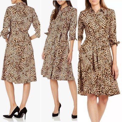 Calvin Klein Damen Long Sleeve Collared Leopard Shirt Dress Self Belt Kleid 4 