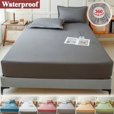 Waterproof Fitted Bed Sheet Bedding Cover Mattress Cover Protector Solid Color W
