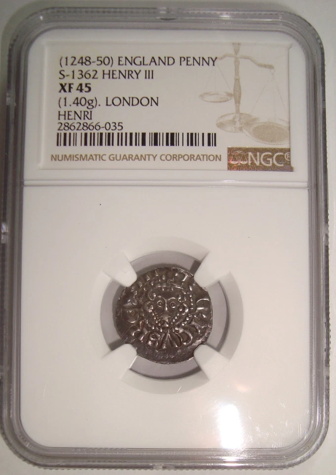 1248-1250 Inglaterra, Enrique III Londres Casa de la Moneda Cruz Larga Centavo de Plata NGC XF45 Foto 3 de 4