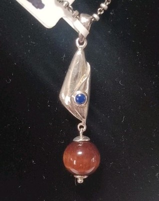Tigers Eye Amulet W/ Lapis Lazuli Accent Bead, Italian Chain Included 8gm