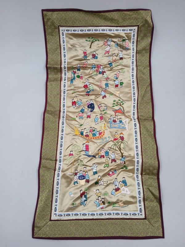Vintage 100 Happy Children Chinese Silk Art Tapestry, 24" x 12"