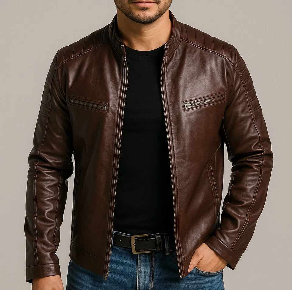 Mens Cafe Racer Biker Real Leather Jacket Brown Colour Lambskin Motorcycle Coat - Image 2 of 4