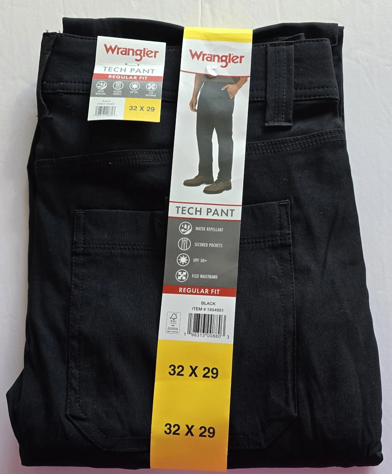 Wrangler Men's Tech Pants Regular Fit Flex Waistband Secure Pockets Black 32x29