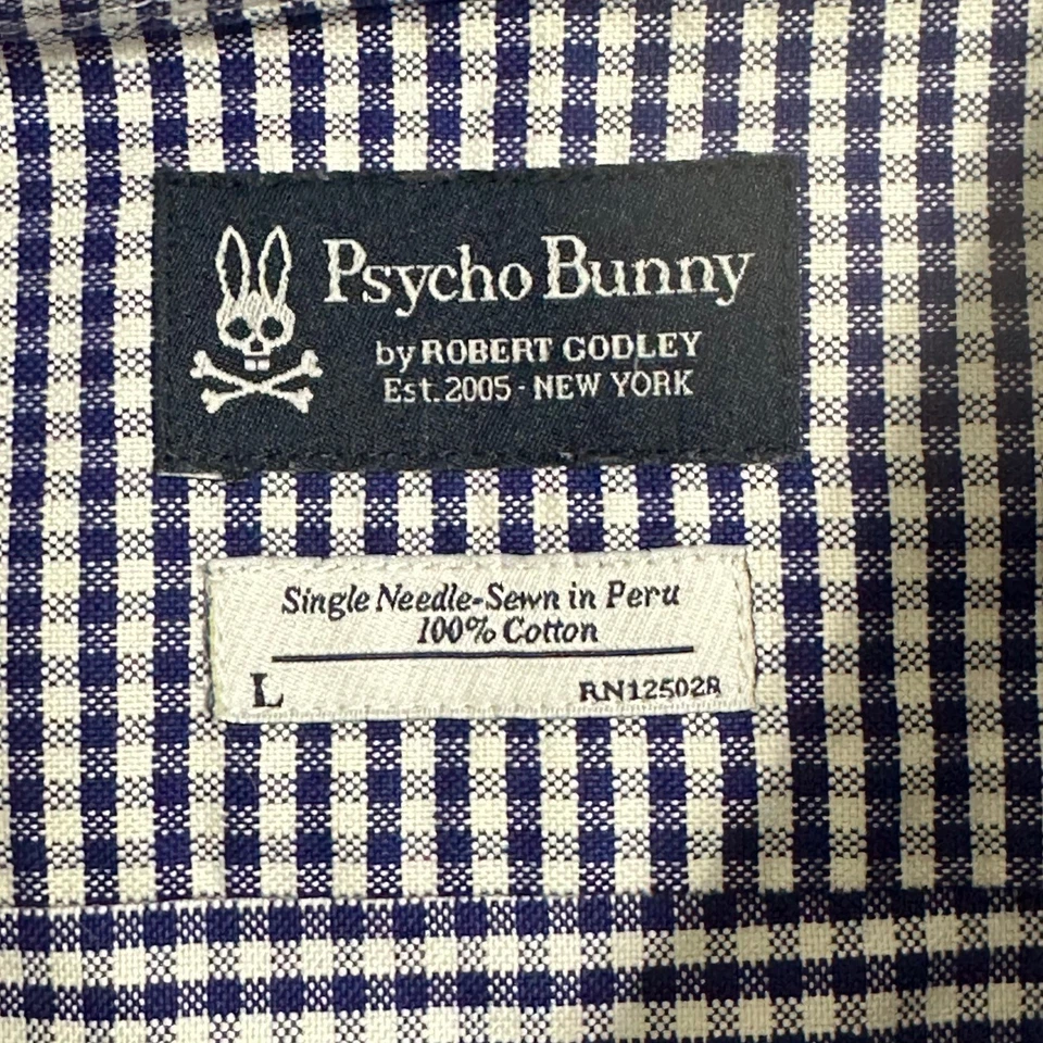 Camisa Psycho Bunny Para Hombres Guinga Abotonada Manga Larga Azul Blanco Talla Grande Foto 3 de 4