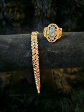 TRICOLOR GOLD FILLED/STAINLESS STEEL MOTHER MARY RING SZ9 TRI LEAF BRACELET 7.5