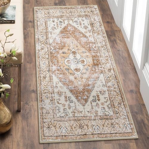 Boho 2x4 Rug Runner, Non-Slip Low-Pile Washable Kitchen Rugs Small Throw Bath