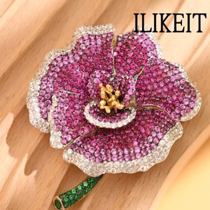 Authentic Luxury Full Pave Flower Brooch Pin 925 Silver Gold Plated with Multicolor Zircon