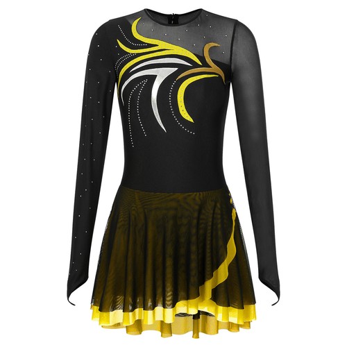 Womens Shiny Long Sleeve Leotard Dress Figure Ice Skating Ballet Dance Dress - Picture 30 of 52